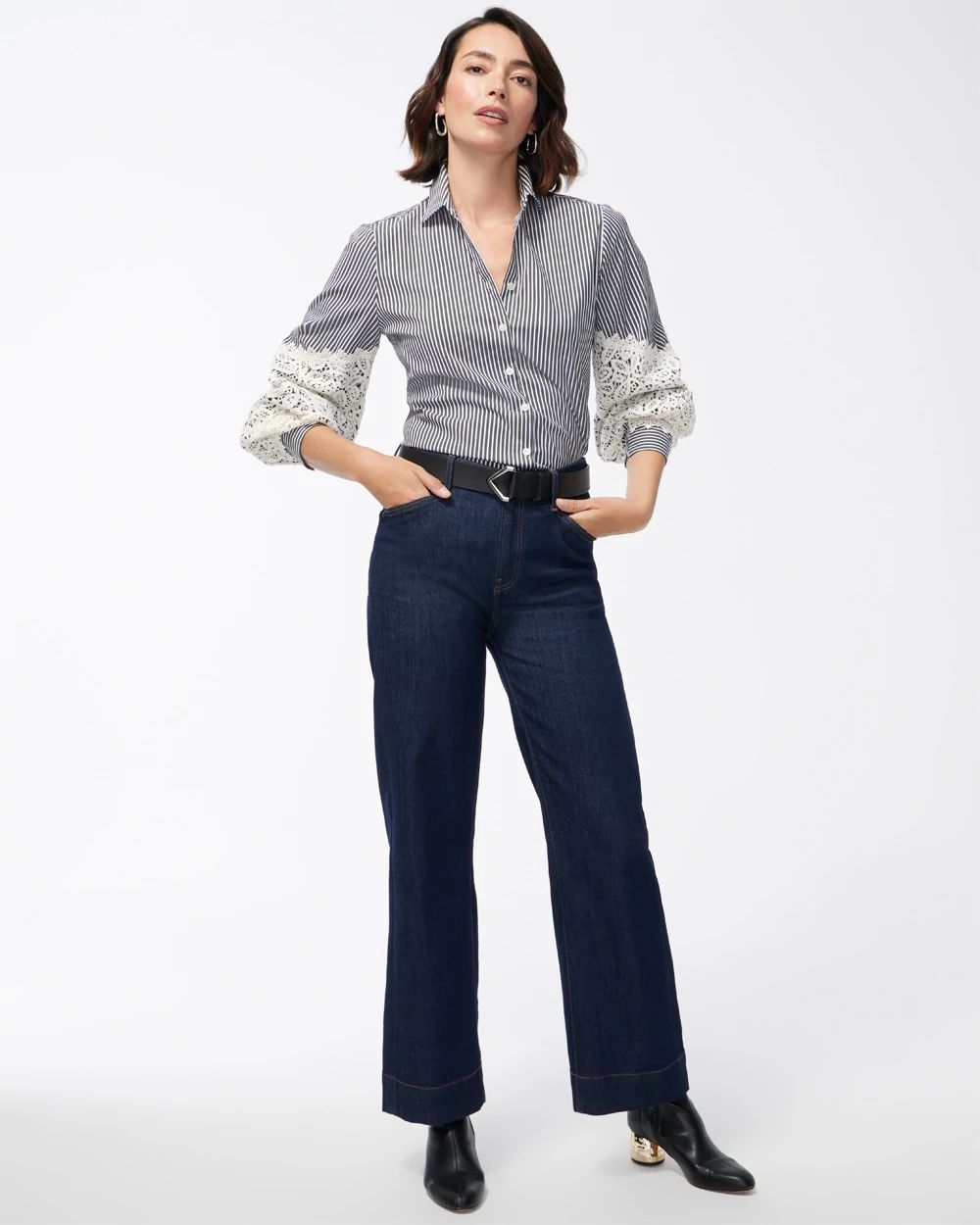 Poplin Stripe Crochet Sleeve Shirt