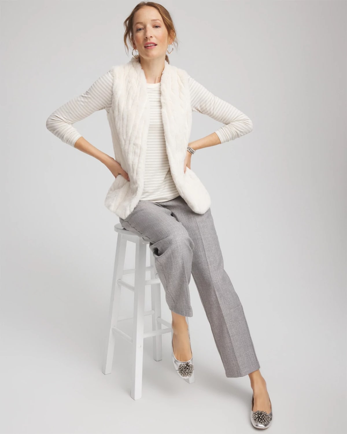 Chico's Elongated Faux Fur Vest In Cream In White