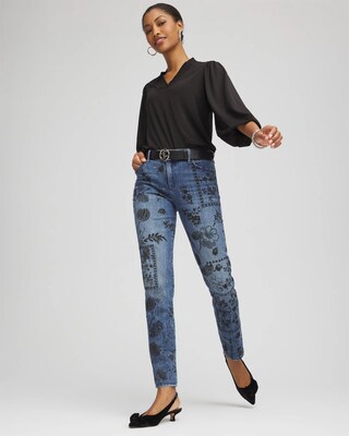 Mixed-Media Girlfriend Slim Ankle Jeans click to view larger image.