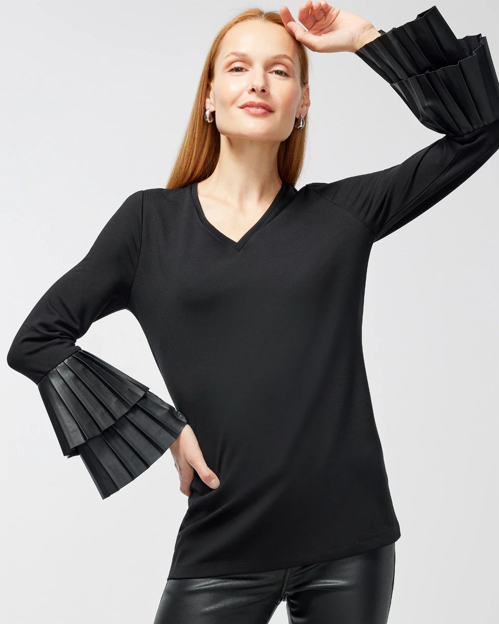 Ponte Faux Leather Pleat Sleeve Tunic
