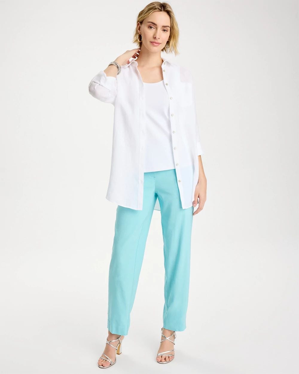 Soft-Stretch Linen Straight Tapered Ankle Pants