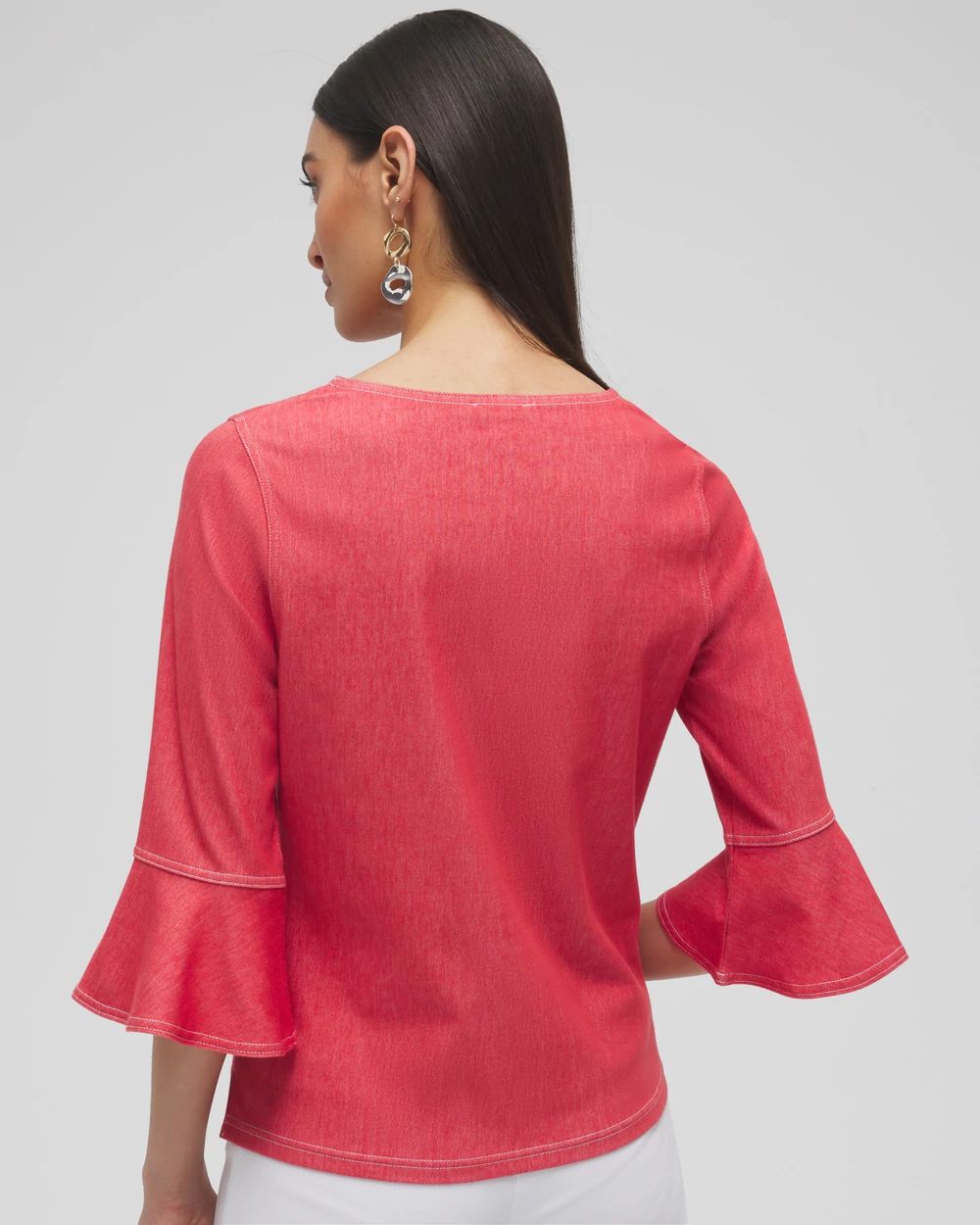 Faux Denim Trumpet Sleeve Top