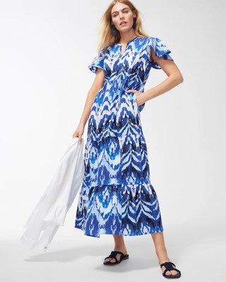 Poplin Ikat Tiered Maxi Dress