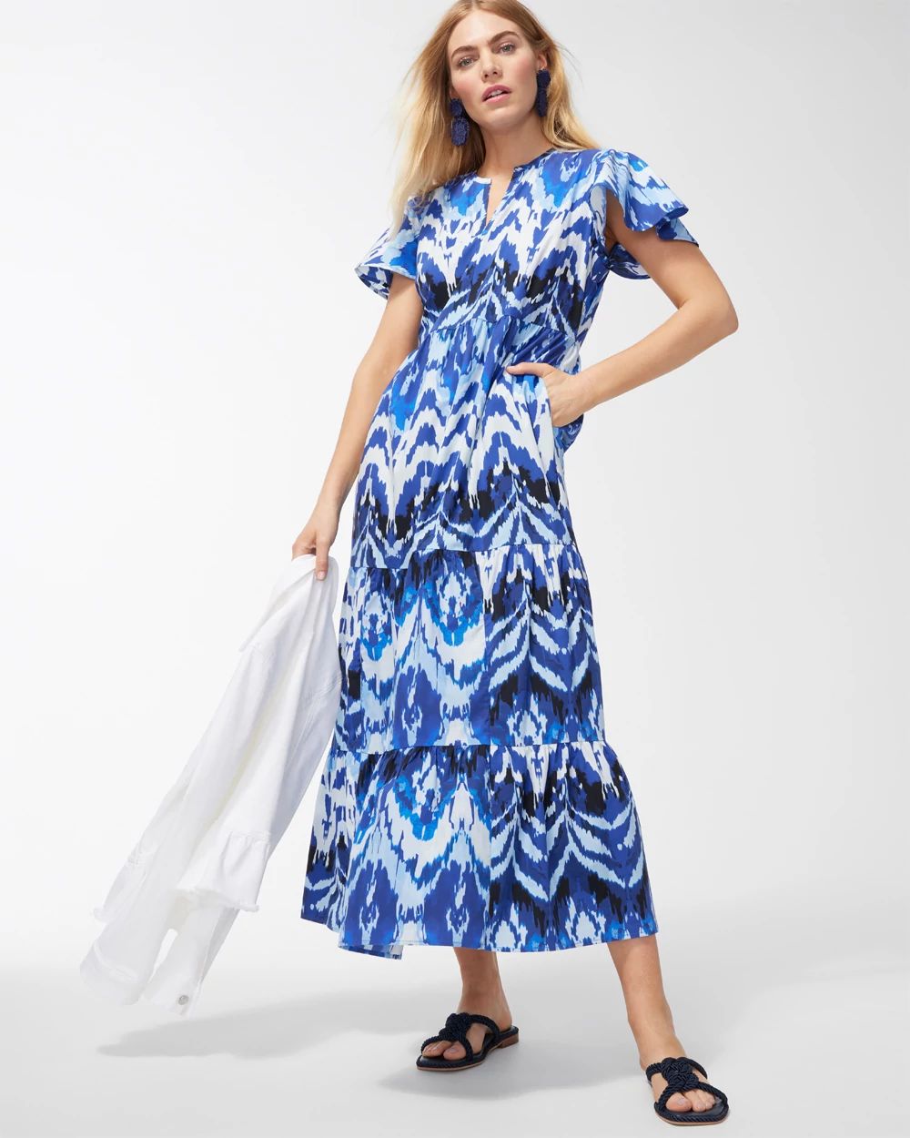 Poplin Ikat Tiered Maxi Dress