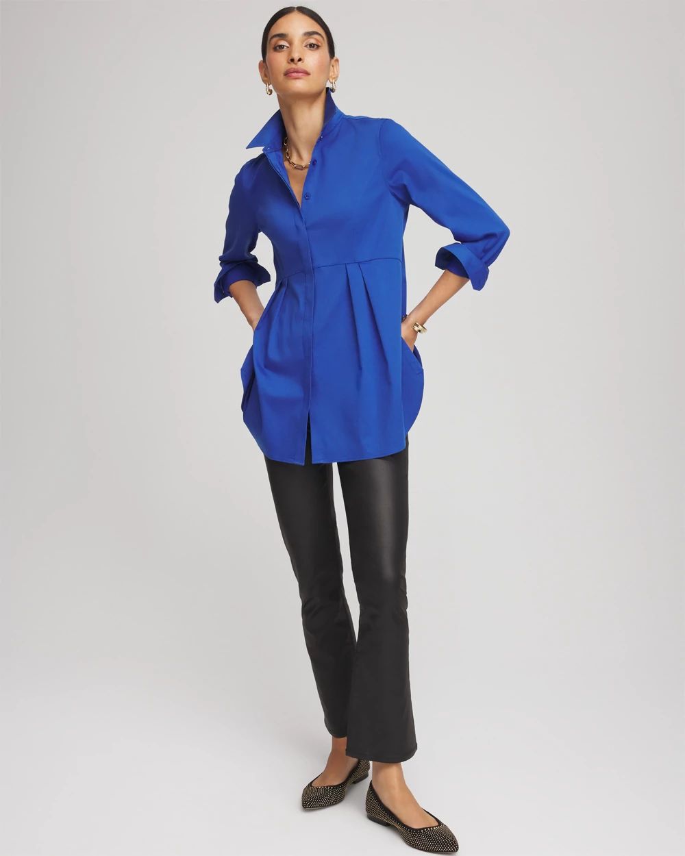No Iron™ Peplum Pleated Shirt click to view larger image.