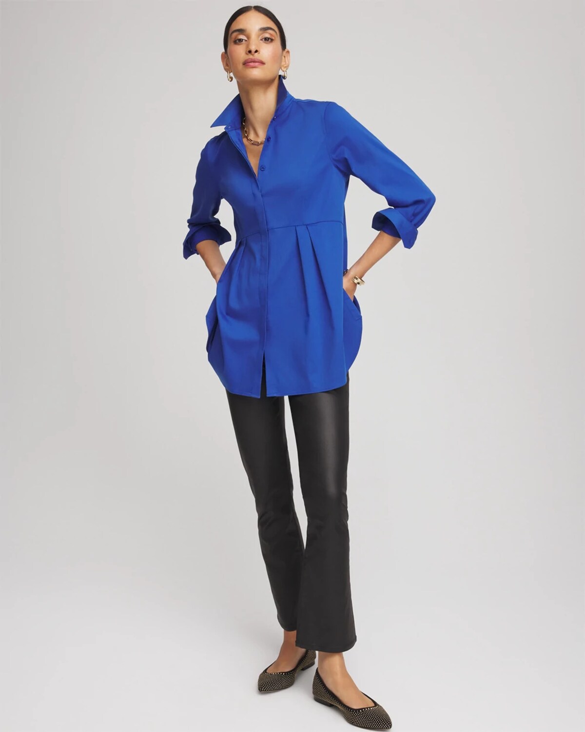Chico's No Iron Peplum Pleated Shirt In Cobalt Stone In Blue
