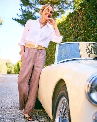 Soft-Stretch Linen Straight Tapered Ankle Pants