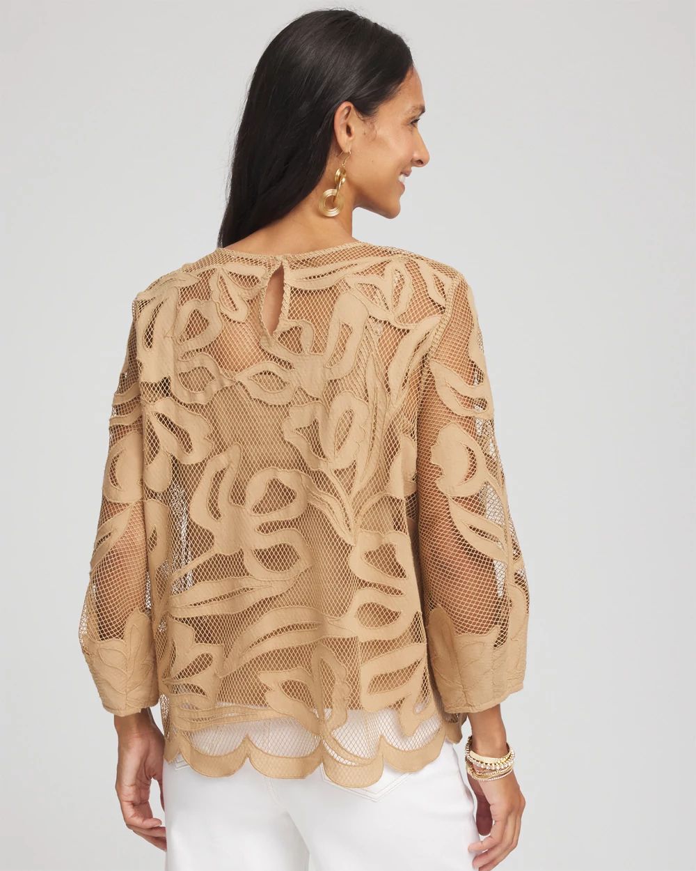 Floral-Motif Mesh 3/4 Sleeve Top