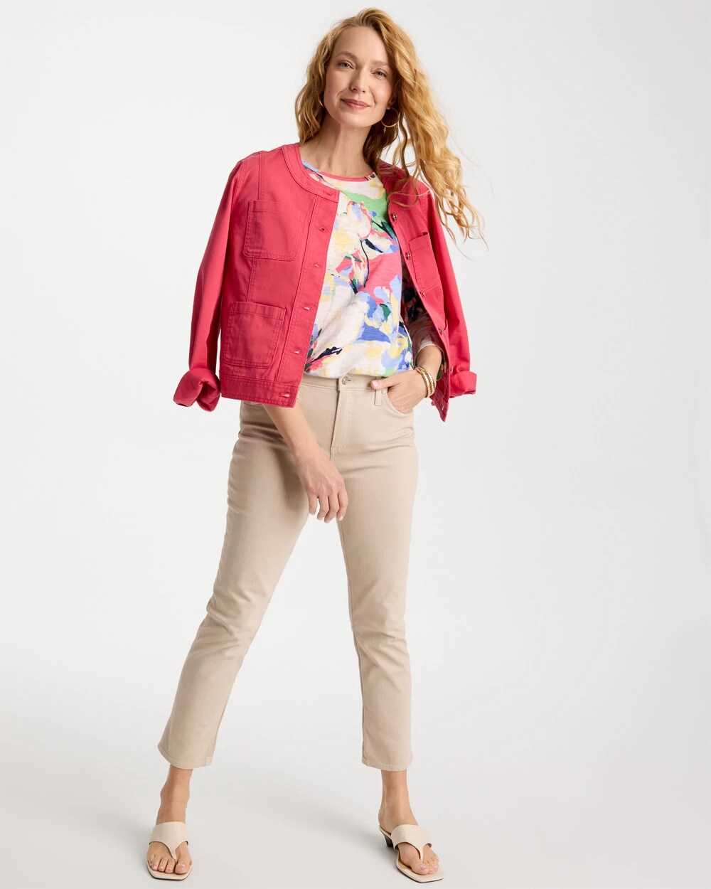 Printed Cotton Slub 3/4 Sleeve Button Tee - thumbnail 2