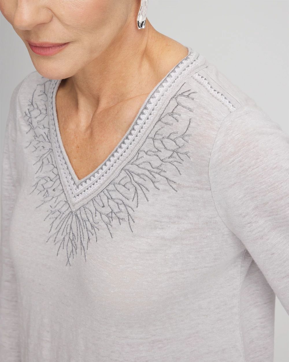Linen Metallic Embroidered V-Neck Tunic