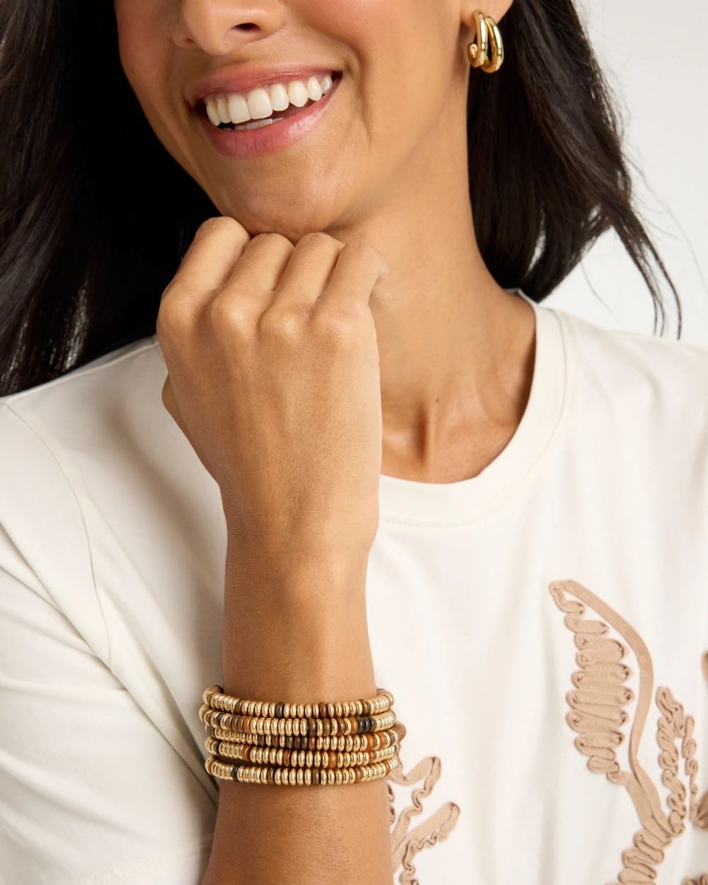 Stretch Set of Three Neutral Beaded Bracelets click to view larger image.
