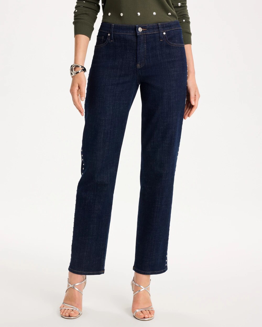 Chico's Studded Girlfriend Straight Ankle Jeans In Cooper Rinse