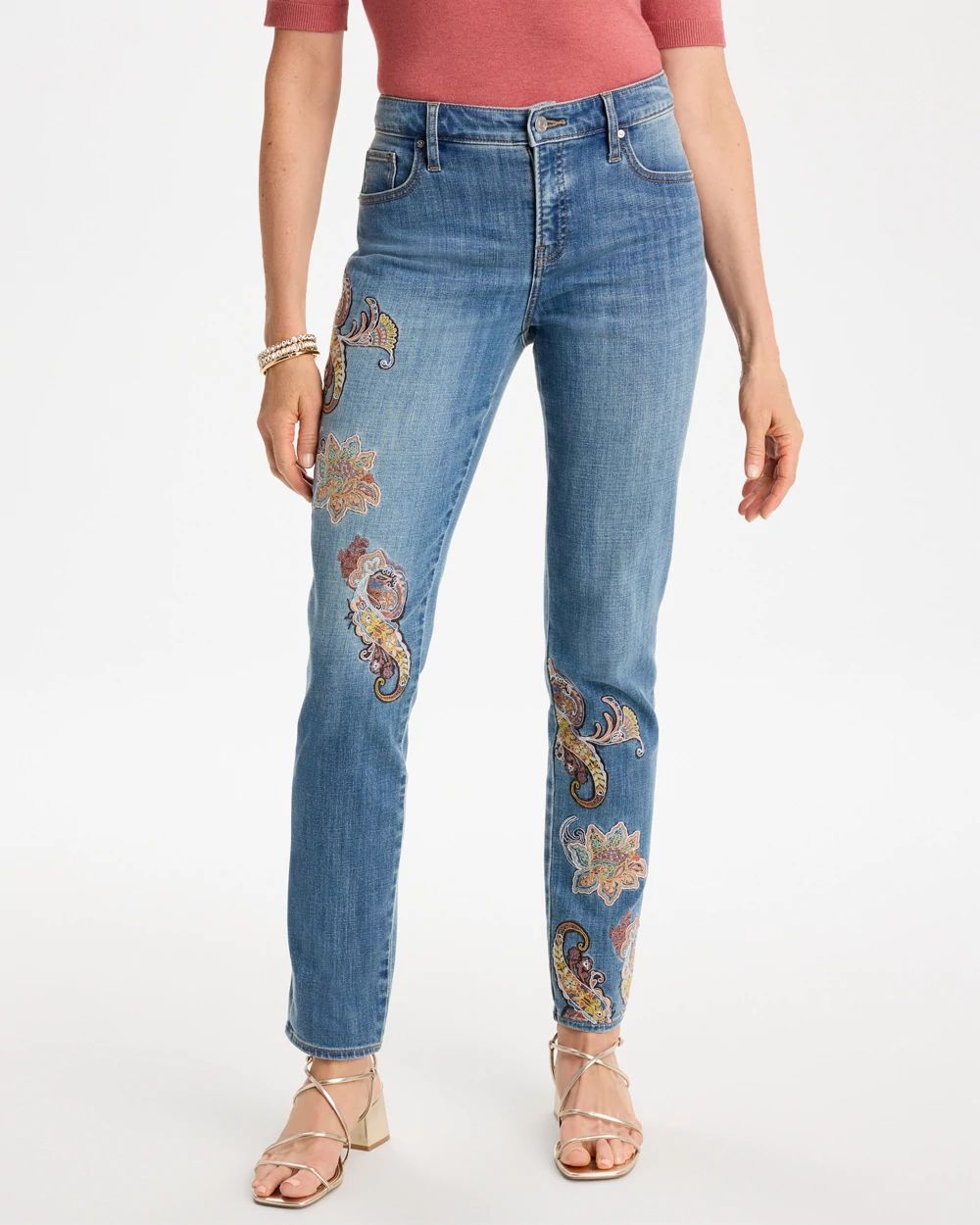 Petite Girlfriend Slim Embroidered Ankle Jeans