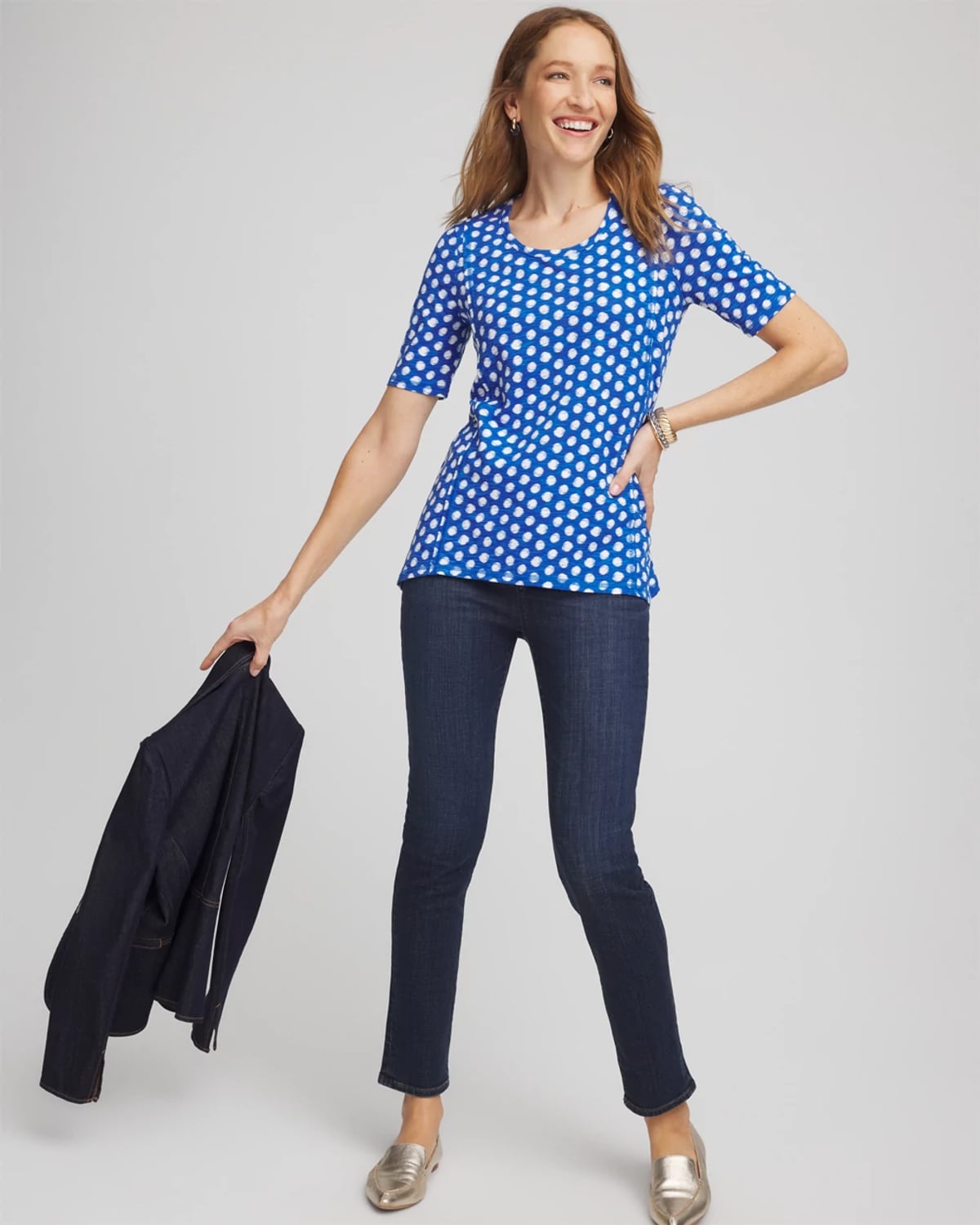 Chico's Printed Short Sleeve Pima Tee In Azure In Multi