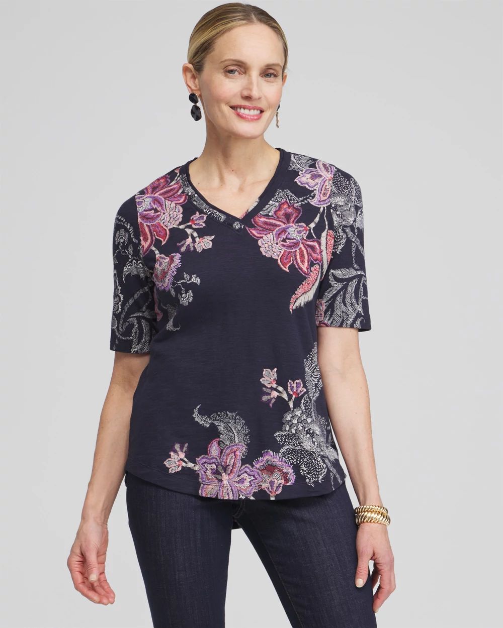 Placed Floral Elbow Sleeve A-line Tee