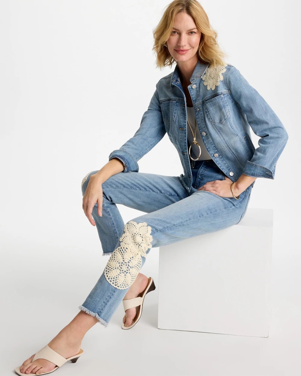 Embroidered Frayed Denim Trucker Jacket