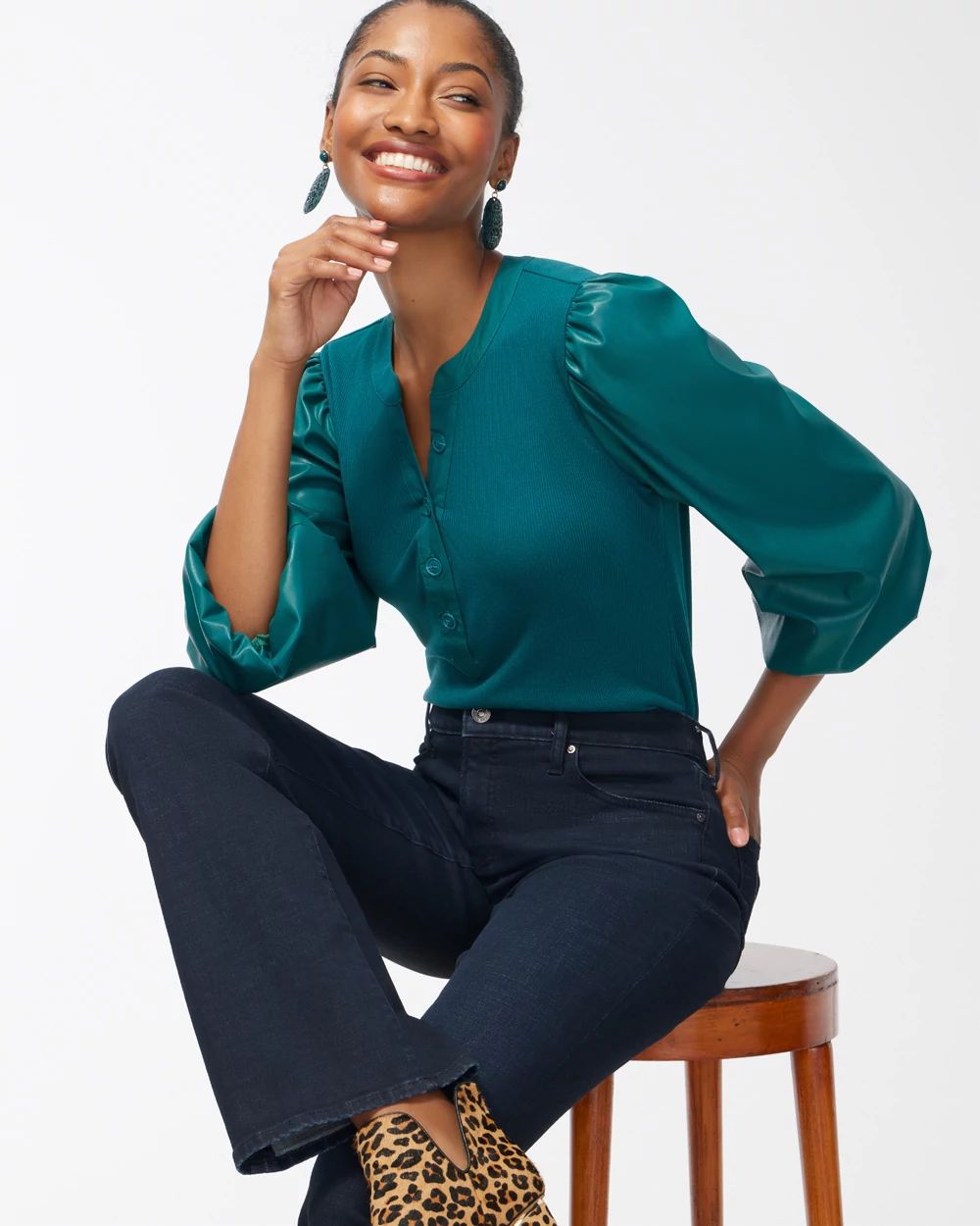 Faux Leather Sleeve Henley Top