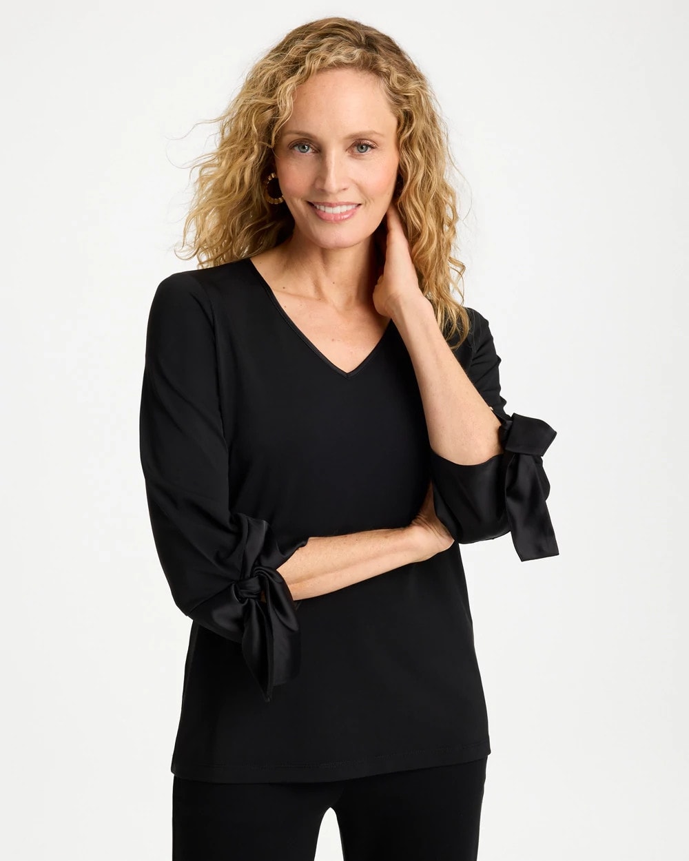Chico's Satin Tie-sleeve Top In Black