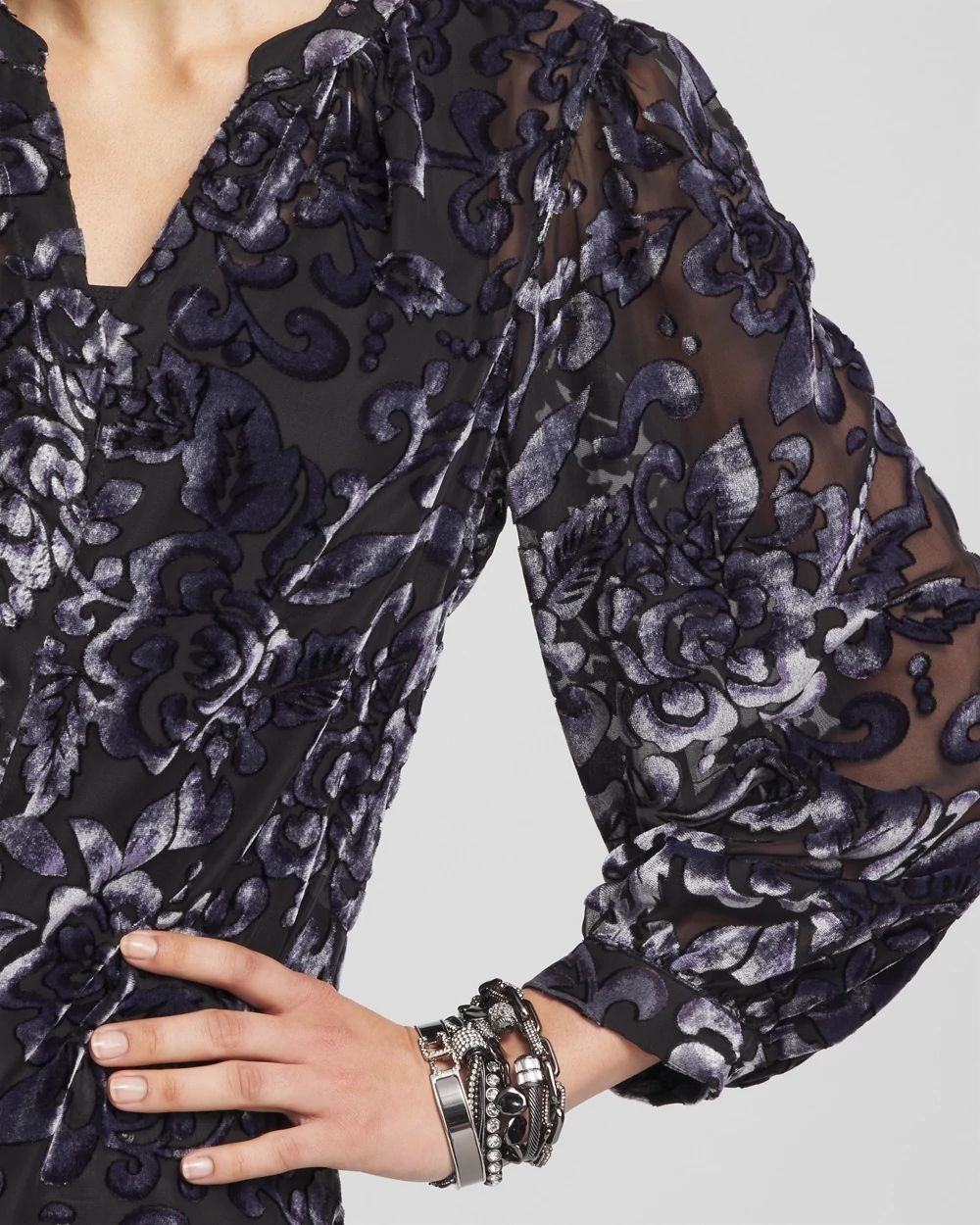 Velvet Blouson Sleeve Blouse click to view larger image.