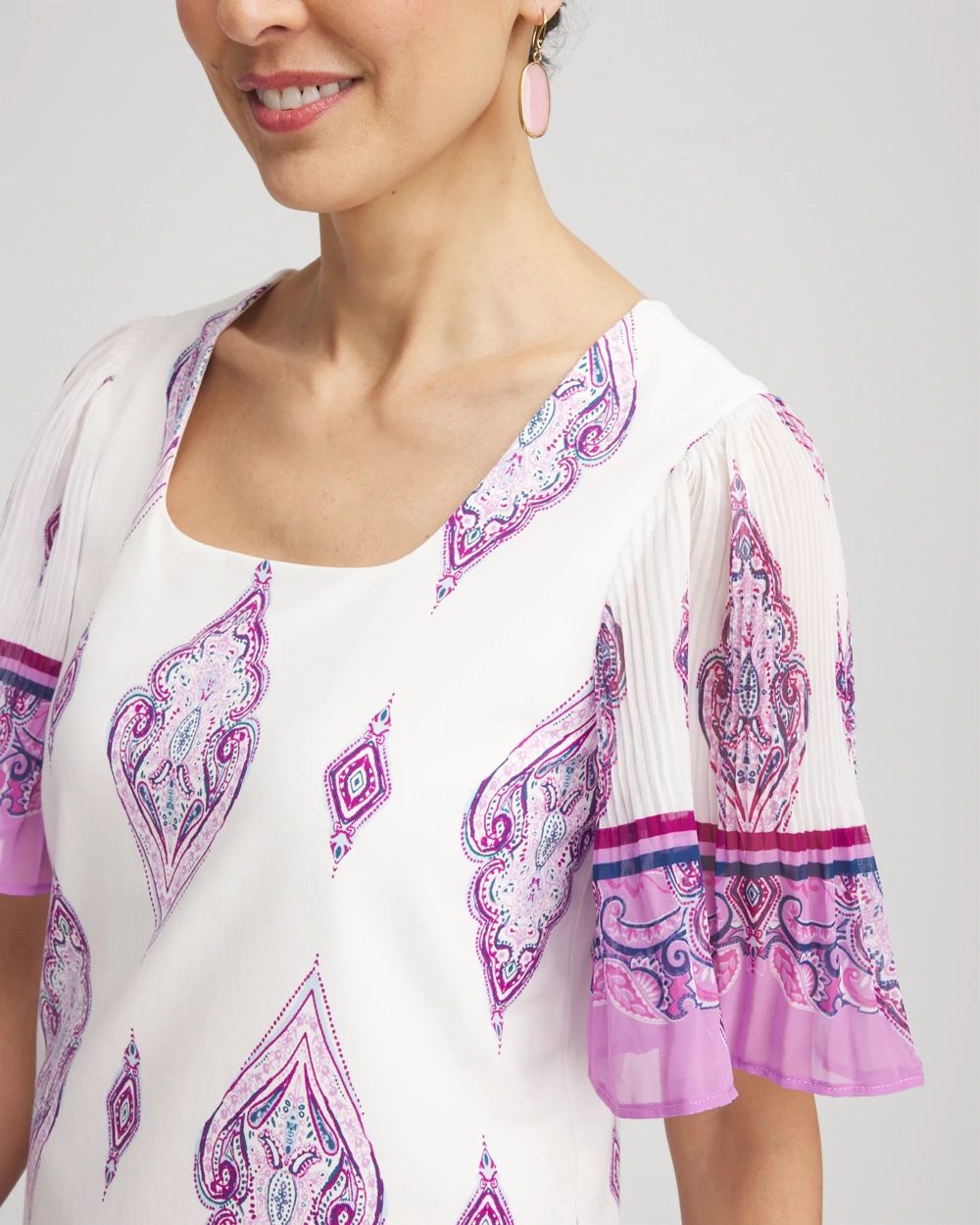 Square-Neck Pleated Flutter-Sleeve Tee