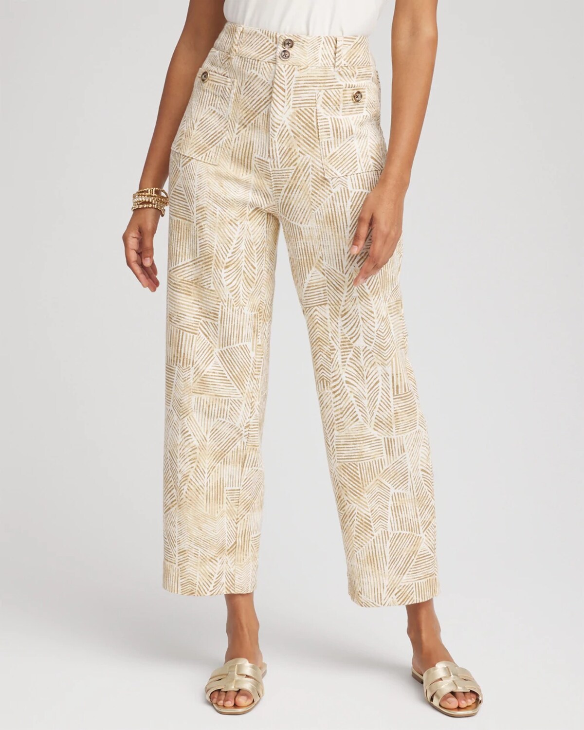 Chico's Printed Cropped Straight-leg Pants In White In Sand
