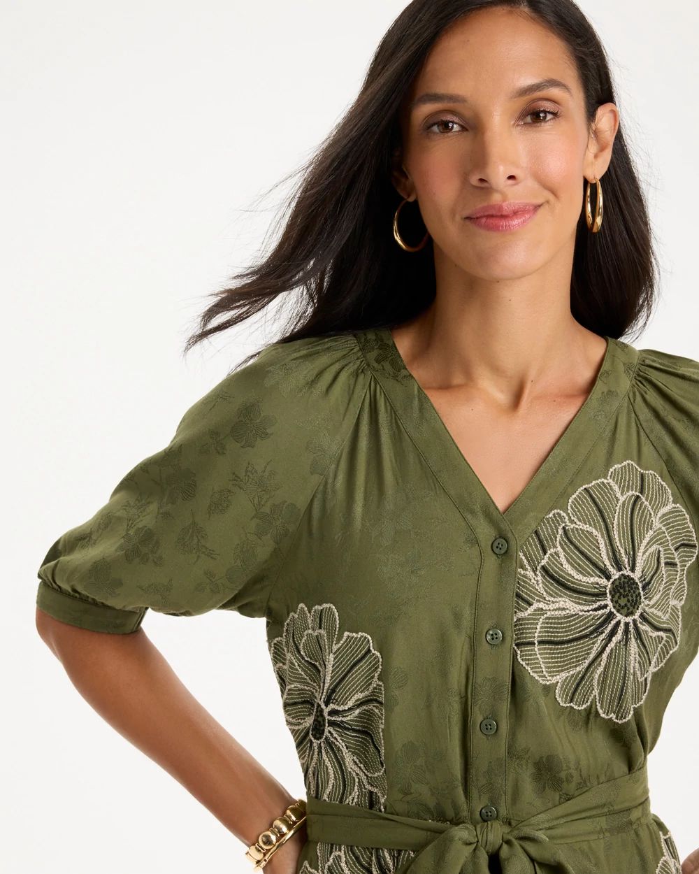 Embroidered Jacquard Belted Dress click to view larger image.