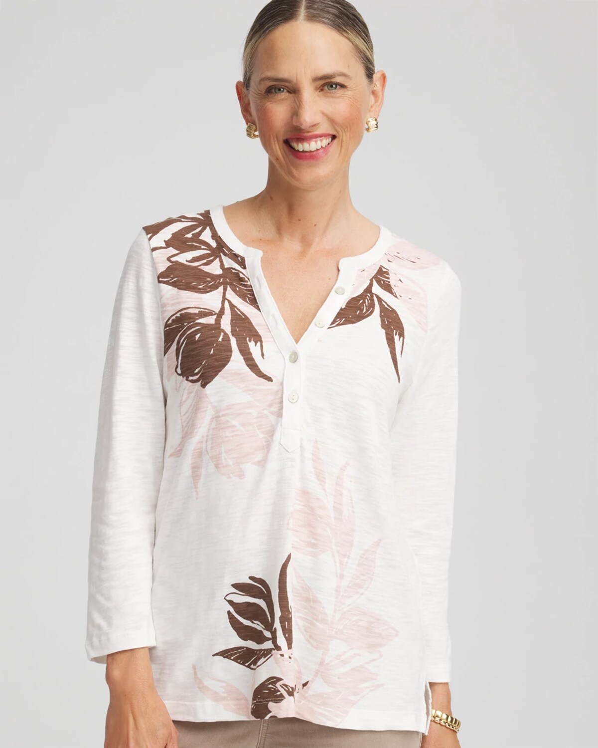 Chico's Split Neck Henley Tee In Pink In Pink