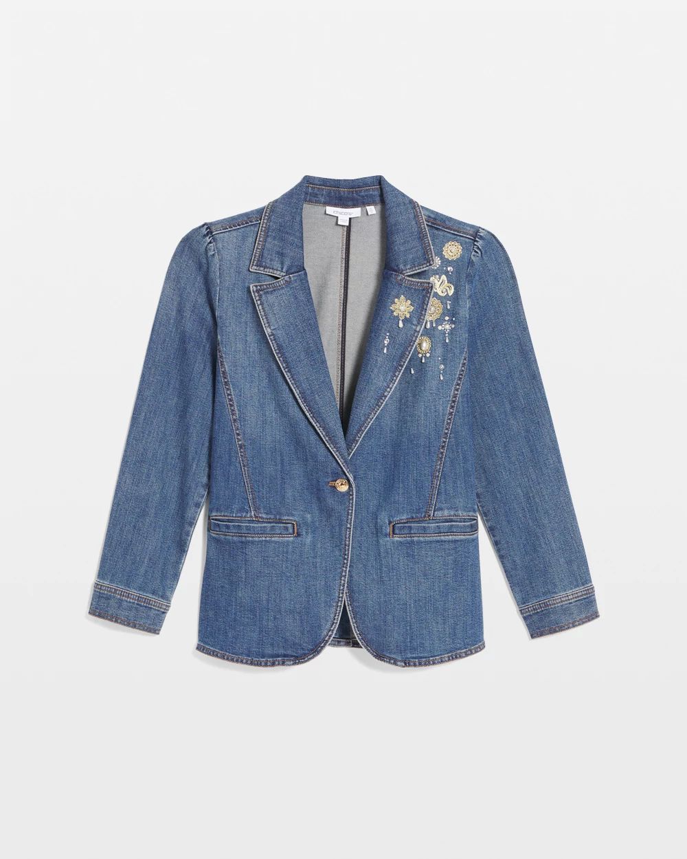 Pearl Brooch Denim Blazer