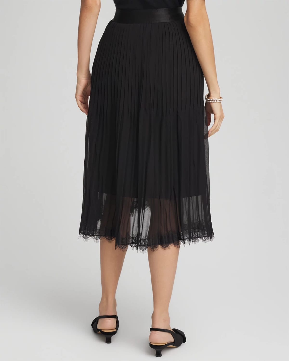 Chico's Pleated Lace Hem Midi Skirt In Black In Black