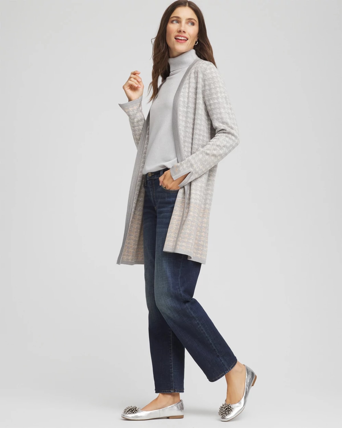 Chico's Metallic Herringbone Cardigan Sweater In Gray In Gray