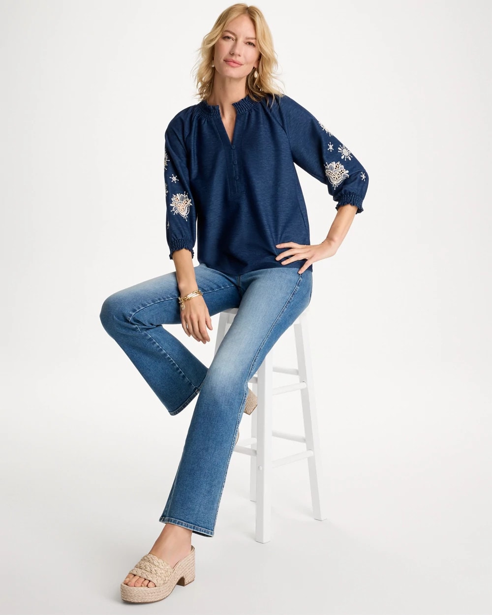Embroidered Denim Henley Tee