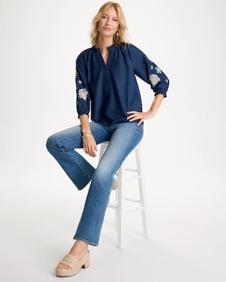 Embroidered Denim Henley Tee click to view larger image.