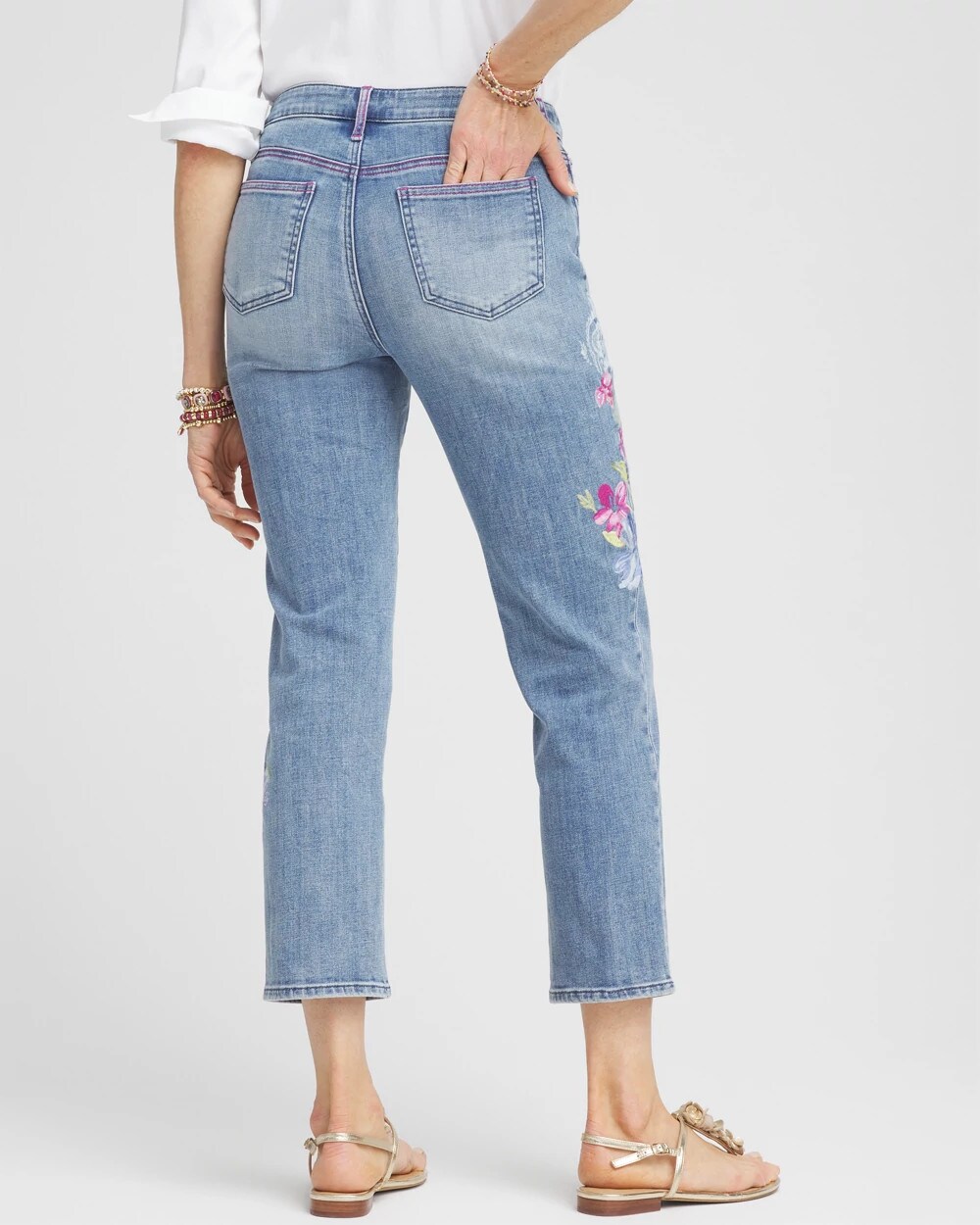 Girlfriend Floral Embroidered Cropped Jeans