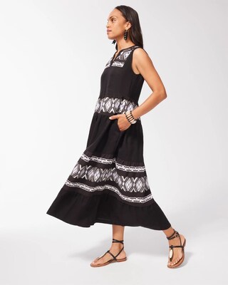 Linen Embroidered Tiered Maxi Dress
