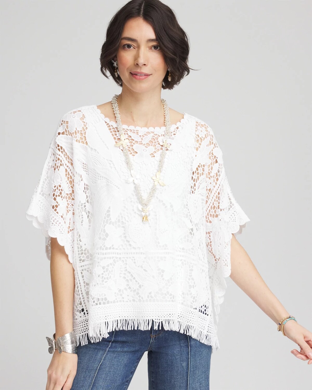 Chico's Lace Crochet Poncho In White In White