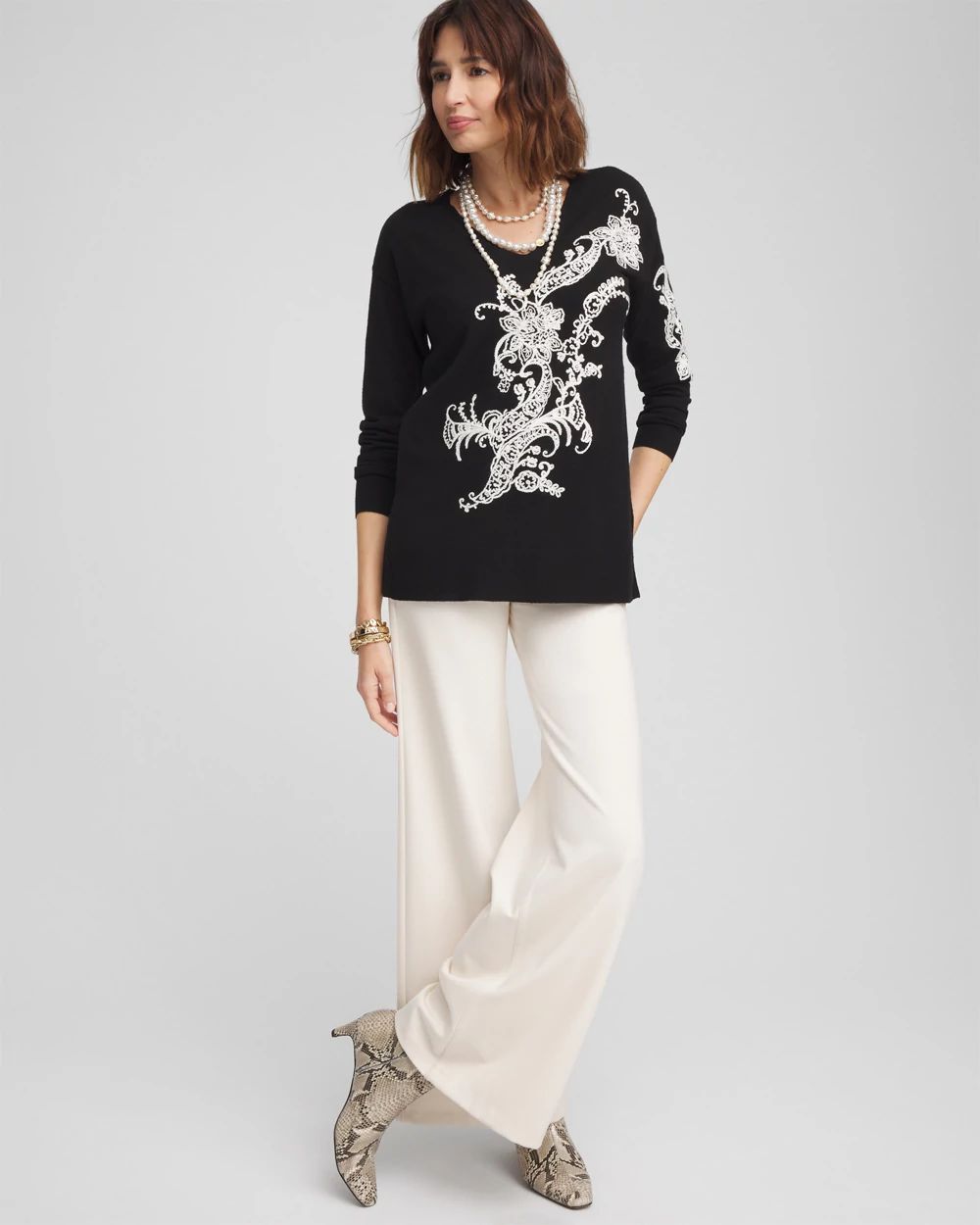 ECOVERO™ Embroidered V-Neck Pullover Sweater