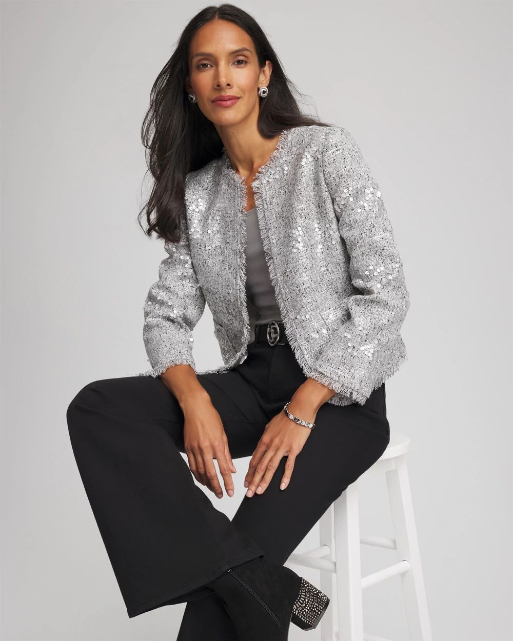 Silver Sequins Tweed Jacket