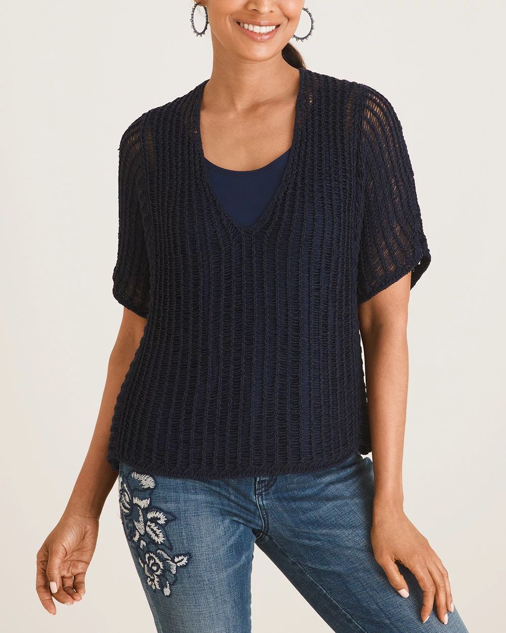 Open-Stitch V-Neck Sweater