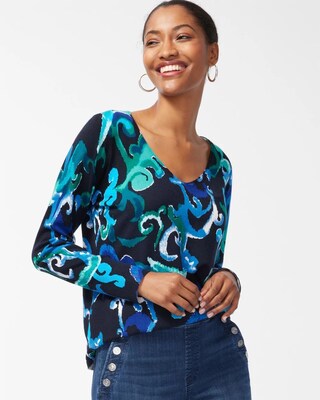 Spun Rayon Scroll Print V-Neck Sweater