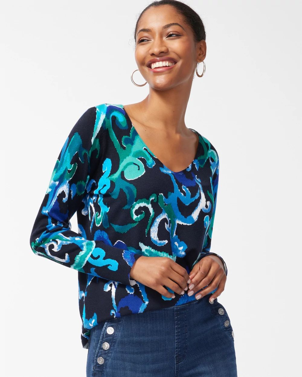 Spun Rayon Scroll Print V-Neck Sweater