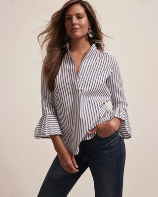 Poplin Pleat Sleeve Stripe Top