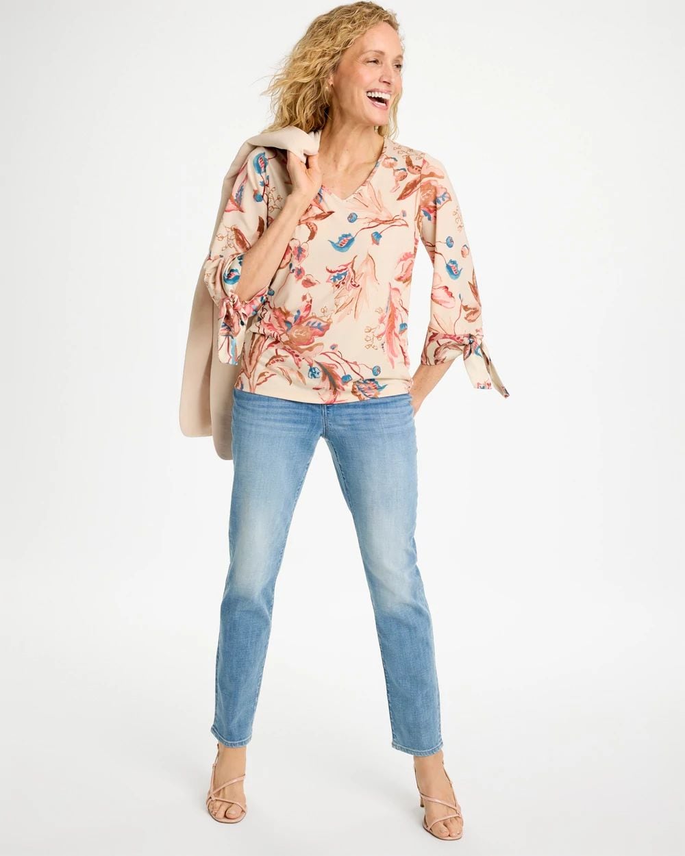 Printed Satin Tie-Sleeve Top click to view larger image.