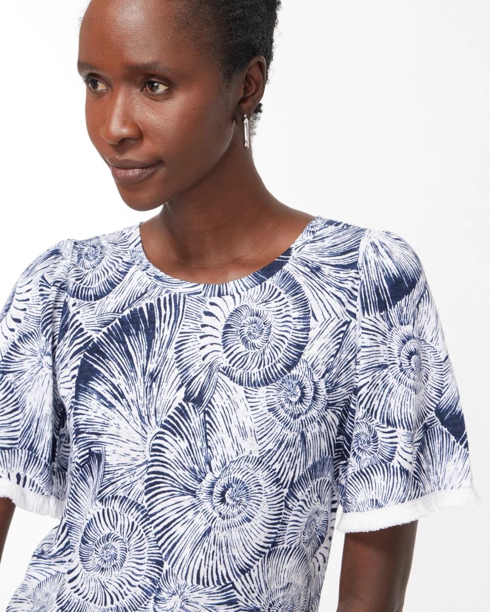 Linen Fringe Sleeve Shell Print Tee
