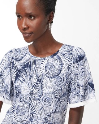 Linen Fringe Sleeve Shell Print Tee