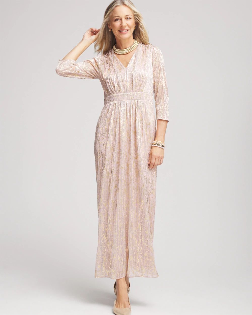 Metallic Pleated Maxi Dress