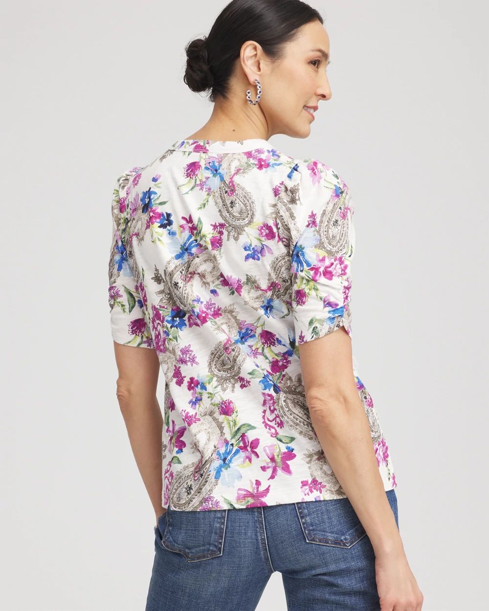 Paisley Shirred-Sleeve Henley Tee