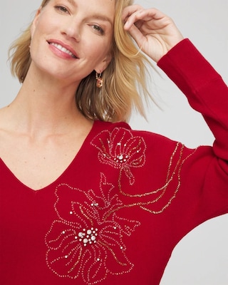 Floral Embellished Dolman V-Neck Pullover click to view larger image.