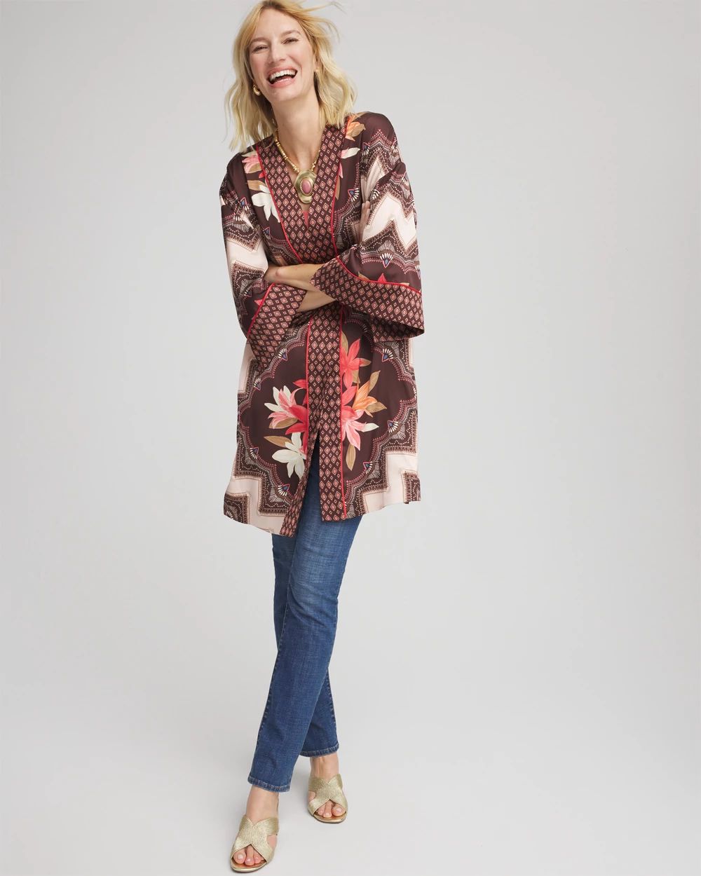 Long Mixed-Print Kimono