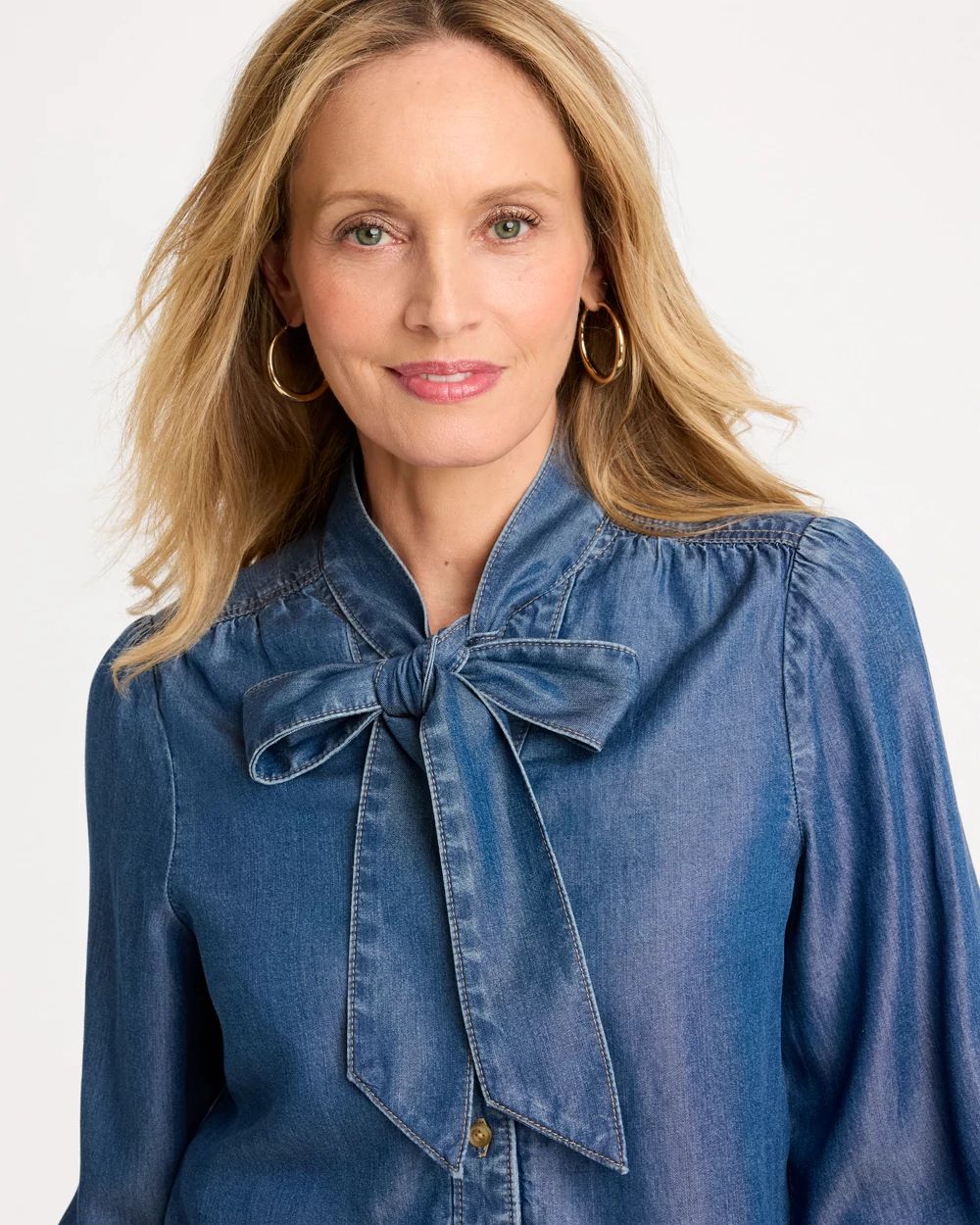Denim Tie-Neck Shirt click to view larger image.