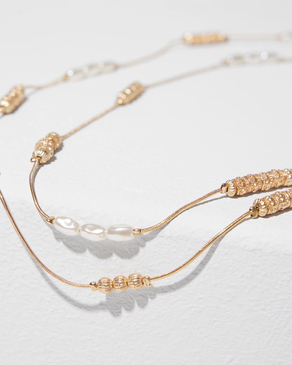 Long Faux-Pearl and Goldtone Double-Strand Necklace